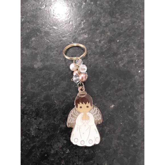 Accessories - Guardian Angel Boy Keychain Gold Tone Enamel Prayer Beads Religious Charm